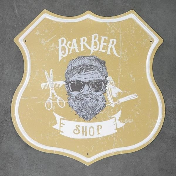 Kovová cedule ve tvaru štítu Barber Shop 7