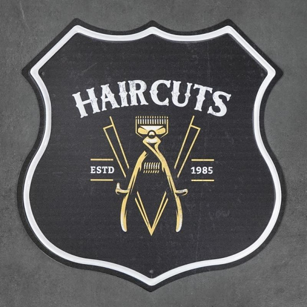 Kovová cedule ve tvaru štítu Haircuts